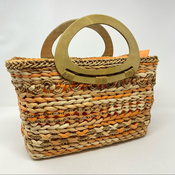 Cappelli Orange Straw Woven Bag With Wooden Handles HOST PICK!!!! - Picture 3 of 11